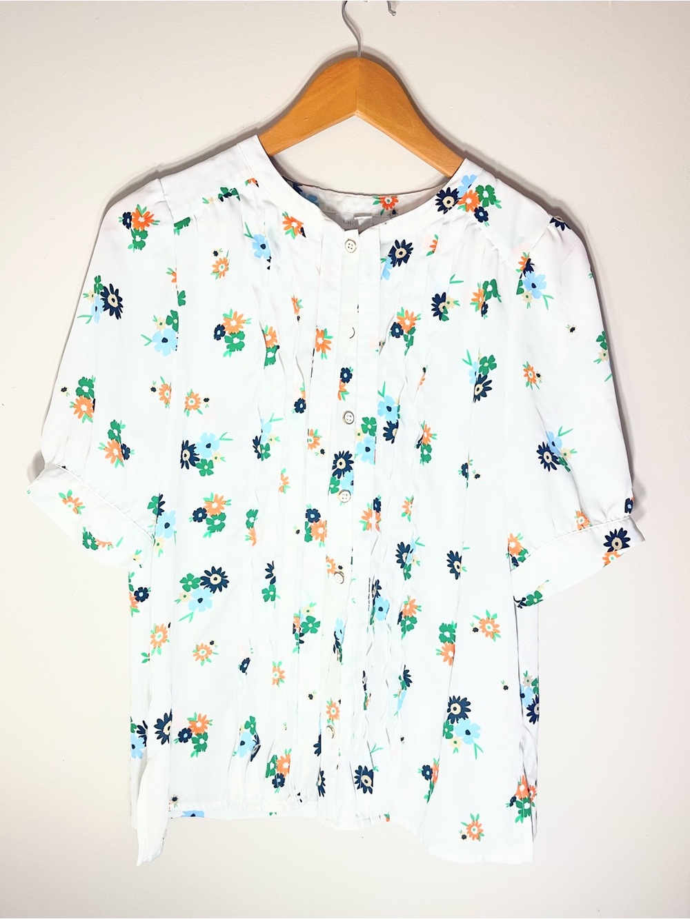 Charter Club White Floral Pleated Blouse with Navy & Orange Accents